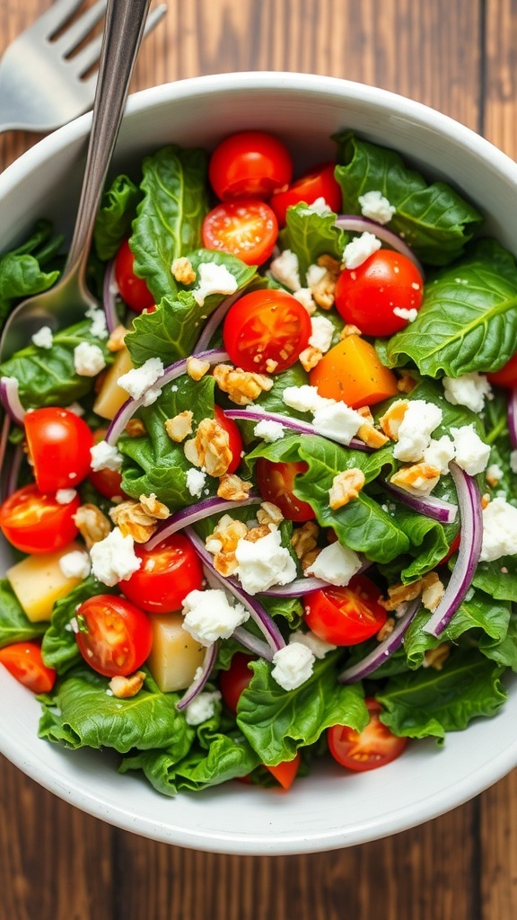 A colorful kale salad with cherry tomatoes, bell peppers, red onion, feta cheese, and nuts on a wooden table.